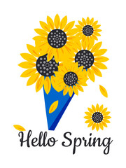 Hello Spring. Bouquet with yellow sunflowers on a white background. 