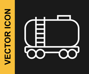 White line Oil railway cistern icon isolated on black background. Train oil tank on railway car. Rail freight. Oil industry. Vector