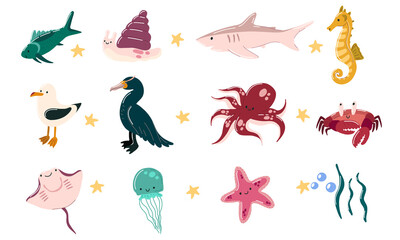 Obraz premium Cute sea animals, Underwater marine life. Children cartoon octopus, crab, albatross, cormorant, shark, fish, jellyfish, star fish, sea horse, stingray, snail. Vector illustration isolated on a white