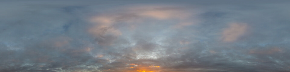 Dramatic sunset sky panorama with Cumulus clouds. Seamless hdr 360 pano in spherical equirectangular format. Complete zenith for 3D visualization, game and sky replacement for aerial drone panoramas