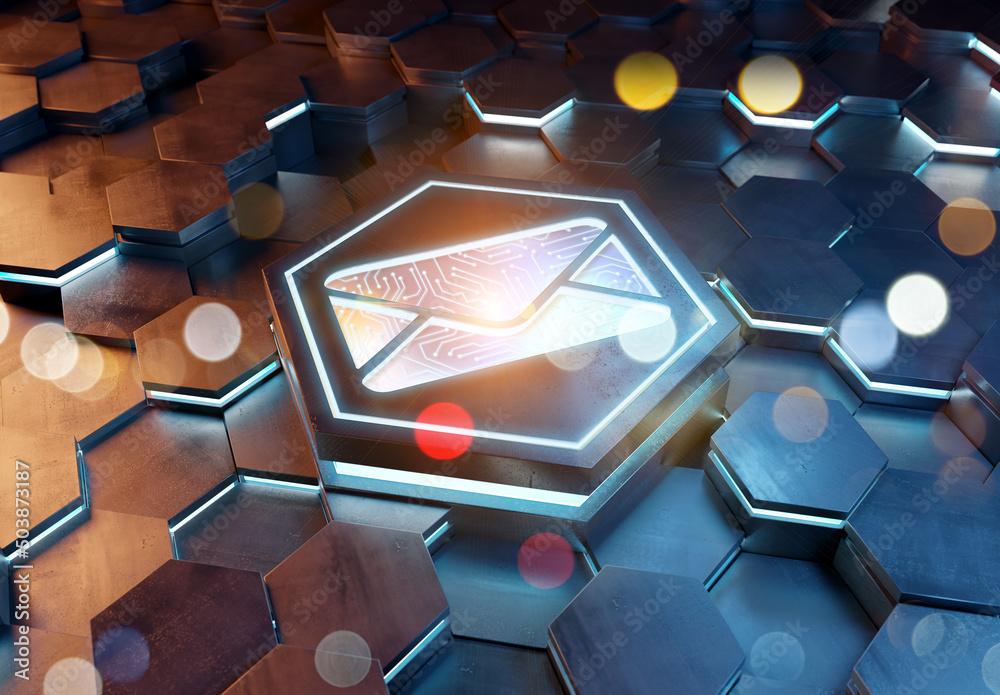 Aufkleber Email icon concept engraved on hexagonal pedestral background. Mail Logo glowing on abstract digital surface. 3d rendering