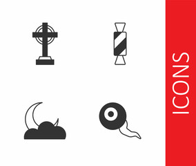 Set Eye, Tombstone with cross, Moon and stars and Candy icon. Vector