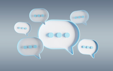 Minimalist blue and white speech bubbles talk icons floating over grey background. Modern conversation or social media messages with shadow. 3D rendering
