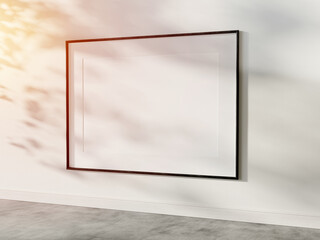 Black frame hanging in bright interior mockup. Template of a picture framed on a wall 3D rendering