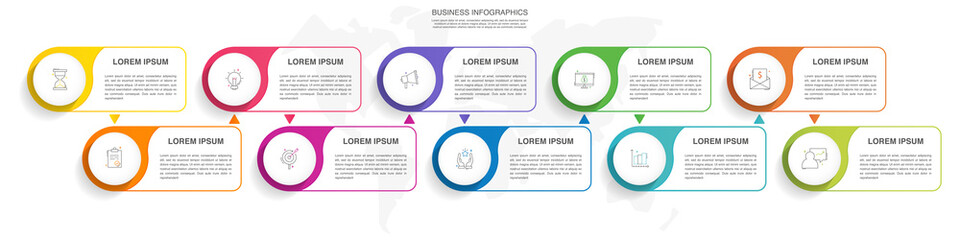 Modern and simple line vector illustration. Infographic template with ten circles, elements and percentages. Designed for business, presentations, timeline, interface 10 step diagrams