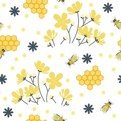 Oh my spring flower garden with honeycomb and bee seamless pattern