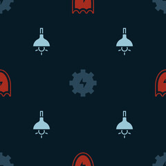 Set Lightning and shield, Gear lightning and Lamp hanging on seamless pattern. Vector