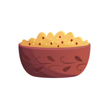 Kutia traditional ukrainian holiday ritual dish. Christmas sweet meal. Boiled wheat porridge. Vector Illustration in cartoon style.