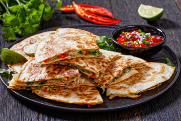 quesadilla with chicken, cheese, chilli, greens