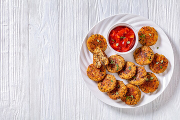 cauliflower patties on plate with tomato sauce