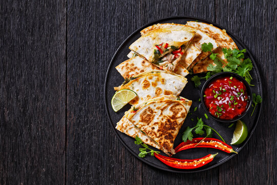 quesadilla with chicken, cheese, chilli, greens