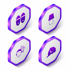 Set Isometric Slippers, Table lamp, Dreams and icon. Purple hexagon button. Vector