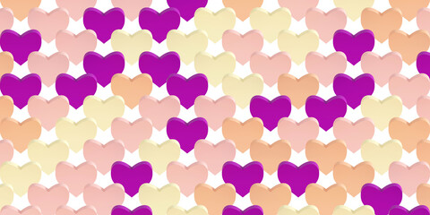 Hearts of pastel colors in a row. Lots of hearts in purple, pink and yellow. background image. Background for Valentine's day. 3d illustration