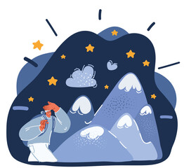 Cartoon vector illustration of the traveler with backpack looking at Mountain picks. Hiking and success concept.