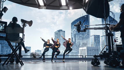 Music Clip Studio Set: Shooting Hip Hop Video Dance Scene with Three Professionals Dancers...