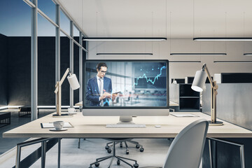 Close up of computer with businessman giving financial education on screen with business chart, placed on desktop on blurry bright office workplace interior backdrop. Knowledge and webinar concept.