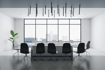 Modern designer meeting room interior with furniture and window with city view and daylight. 3D Rendering.