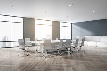 Contemporary meeting room interior with wooden flooring, furniture, city view and daylight. 3D Rendering. - obrazy, fototapety, plakaty