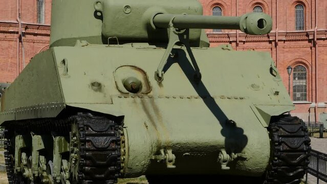 American tank Sherman front view, fought in World War II, panorama 