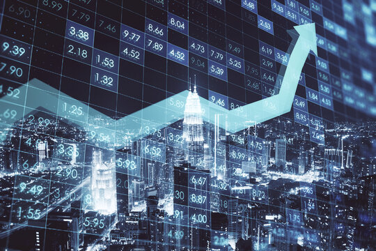 Creative digital financial numbers or index data on blurry city wallpaper with growing arrow. Stock market and growth concept. Double exposure.