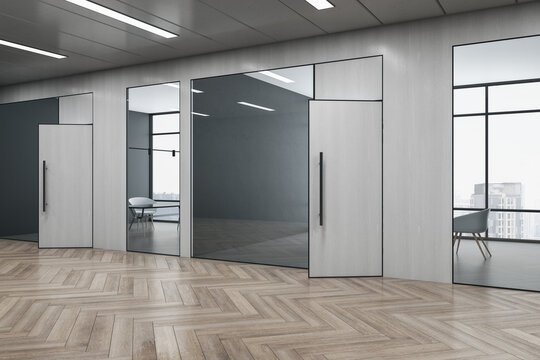 Minimalistic wooden and concrete office hallway interior with windows, city view, furniture, glass partition and daylight. 3D Rendering.
