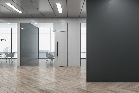 Modern wooden and concrete office hallway interior with blank mock up place on wall, windows, city view, furniture, glass partition and daylight. 3D Rendering.