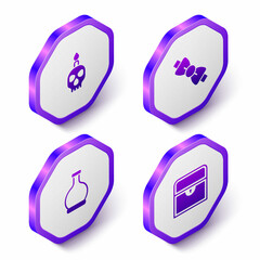 Set Isometric Burning candle on skull, Bow tie, Bottle with potion and Antique treasure chest icon. Purple hexagon button. Vector