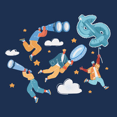 Cartoon vector illustration of Concept of searching for opportunities, decisions, new business ideas or staff. Team flying. People with bulb light, magnifying glass, dollar sign, binoculars, spyglass.