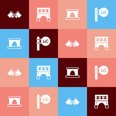 Set pop art Flag, Bridge for train, Railway tunnel and Toilet icon. Vector
