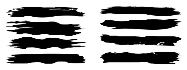 Vector collection of artistic grungy black paint hand made creative brush stroke set isolated on banner background. A group of abstract grunge sketches for design education or graphic art decoration