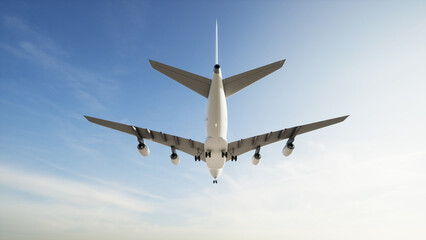 Conceptual flying white passenger jetliner or commercial plane after take off rising over a beautiful sky background. 3D illustration for jet transportation, travel industry or modern freedom concept