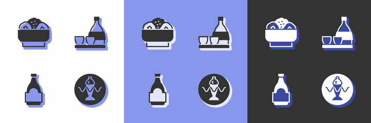 Set Served fish on a plate, Chow mein, Soy sauce bottle and Bottle of sake icon. Vector