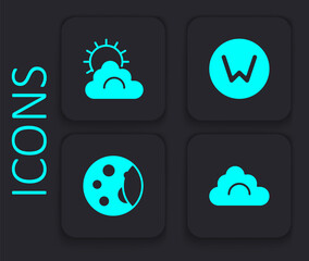 Fototapeta na wymiar Set Cloud, Sun and cloud weather, Compass north and Moon phases icon. Black square button. Vector