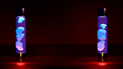 Two blue lava lamp lighting on dark backdrop with empty space - abstract 3D rendering