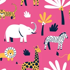 Tapeten Seamless pattern of savanna animals on a pink background. Zoo animals tiger, lion, elephant, zebra, giraffe. Pattern of fabric for a girl. Flat vector illustration. © Natali S