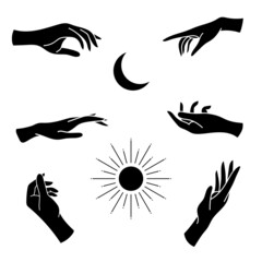 Magical hand silhouette set, vector hands.
