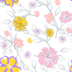 Pink Flowers Blooming Pattern. Pastel Watercolor.