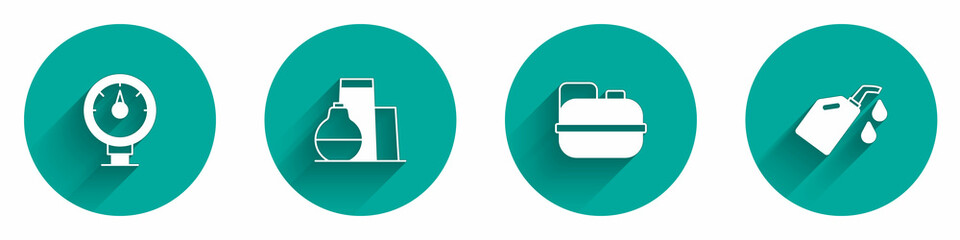 Set Motor gas gauge, Oil tank storage, Canister for gasoline and motor machine oil icon with long shadow. Vector