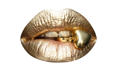 Female golden mouth isolated. Woman sensual gold lips. Isolated on white, clipping path.