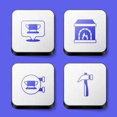 Set Blacksmith anvil tool, oven, and Hammer icon. White square button. Vector