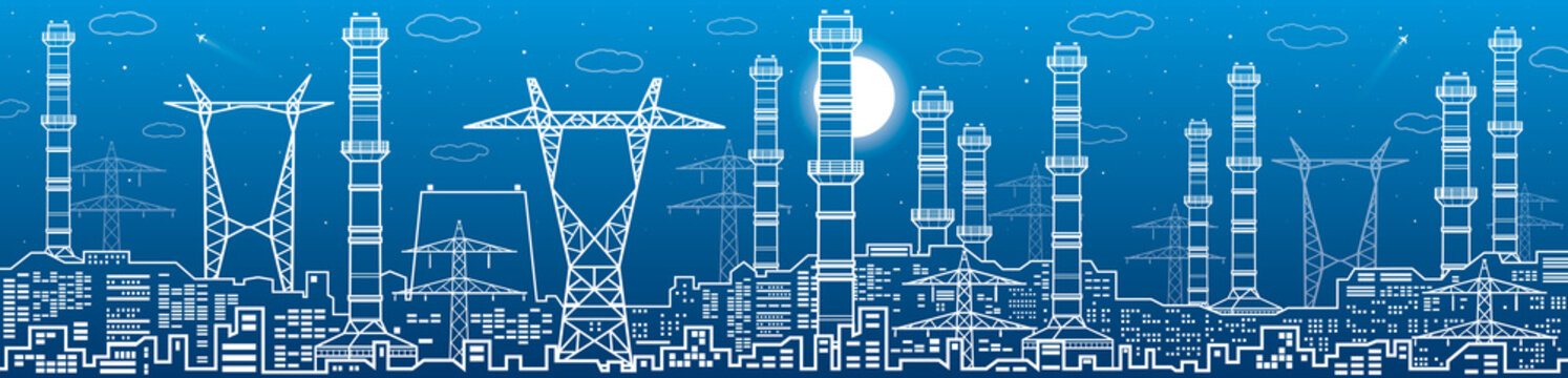Power plant, energy industry outlines illustration panorama, urban night scene. Pipes and power lines. Factory infrastructure. Vector design art