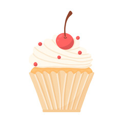 Delicious beautiful cupcake with cream and cherry. Muffin with whipped cream. Appetizing dessert for birthdays, weddings and other holidays. Logo for bakeries. Vector illustration.