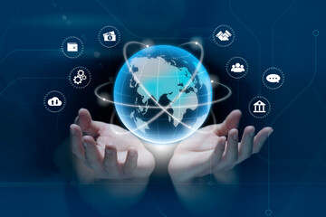 Hand holding virtual screen to do online transactions with internet technology, concept of global data connection by internet technology, big data, searching for information, online marketing