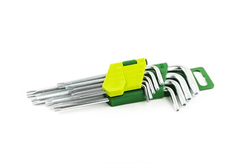 l-shaped wrenches are on white background. set of allen key in green plastic holder