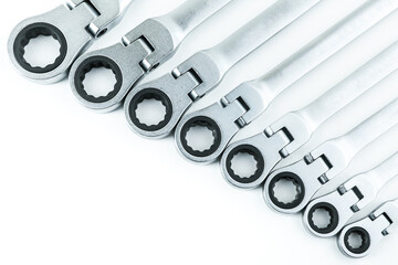 set of spanners on white background. cap wrenches with ratchet - obrazy, fototapety, plakaty