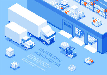 Warehouse cargo pallet storage truck transportation isometric banner with place for text vector illustration. Large storehouse building with forklift export import goods delivery distribution promo