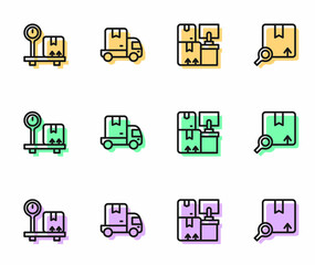 Set line Warehouse with boxes, Scale cardboard, Delivery cargo truck and Search package icon. Vector