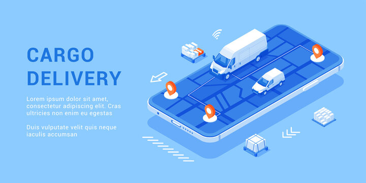 Cargo delivery tracking smartphone application online GPS map service isometric banner vector illustration. International city logistic app freight shipment commercial courier parcel transportation