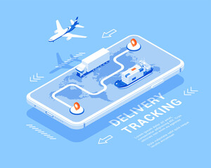 International freight delivery smartphone application tracking banner isometric vector illustration. Global air truck maritime ship cargo transportation logistic service GPS location technology