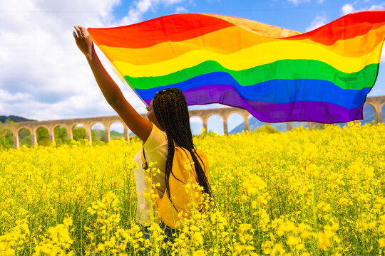 A black ethnic girl with braids holding the LGBT flag in a field of yellow flowers, pride day, lesbian free women concept